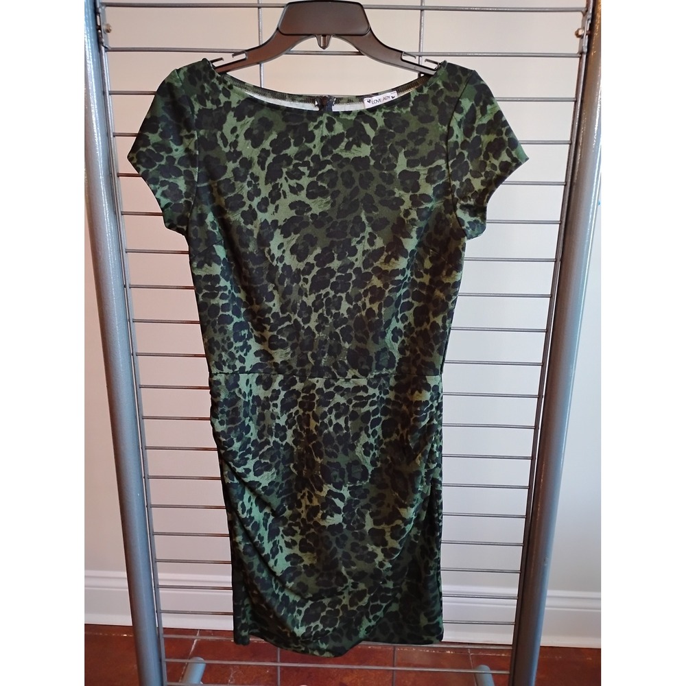 Love Ady Olive Green Black Leopard Print Ruched Sheath Dress NWT Medium
